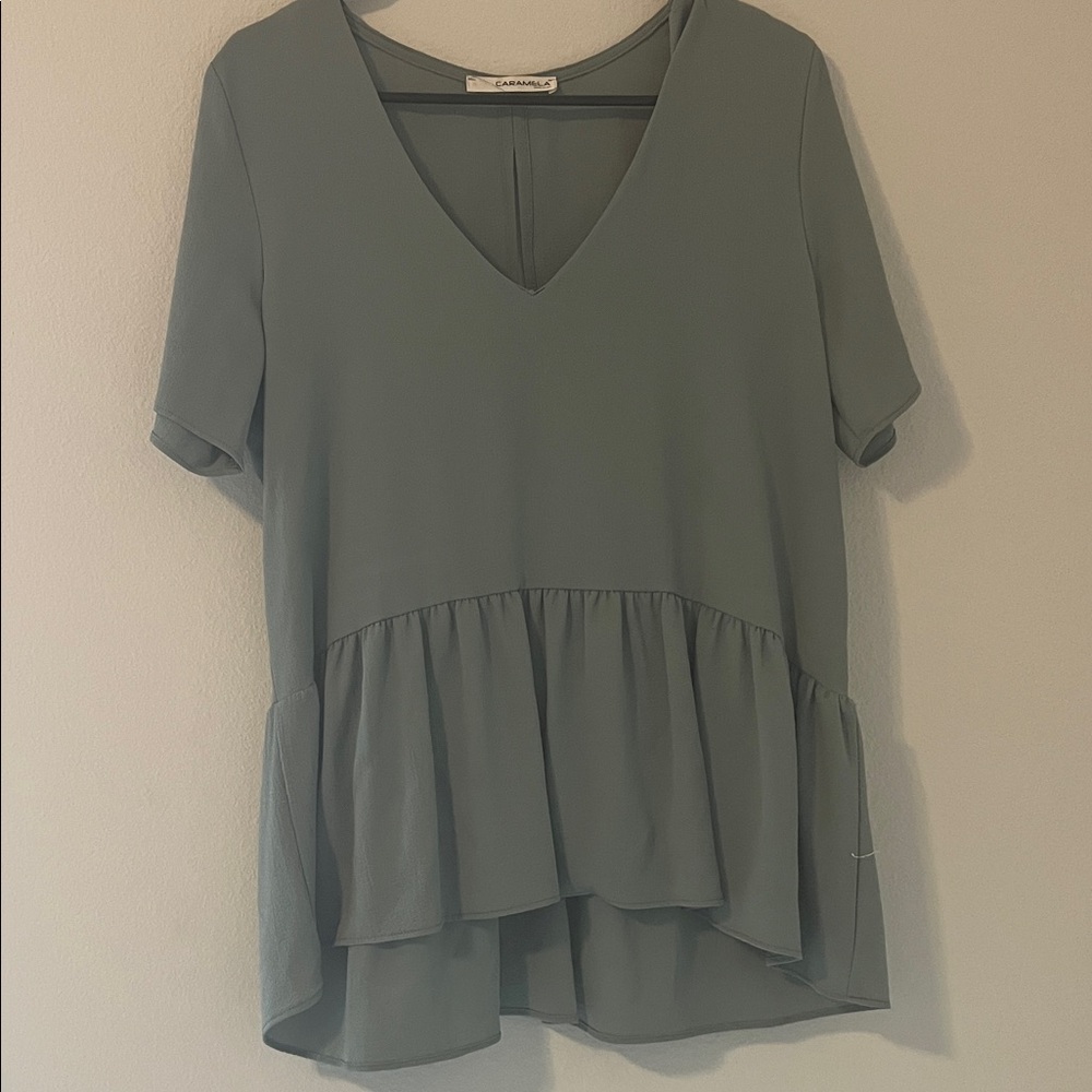 Olive V-Neck Ruffle Blouse